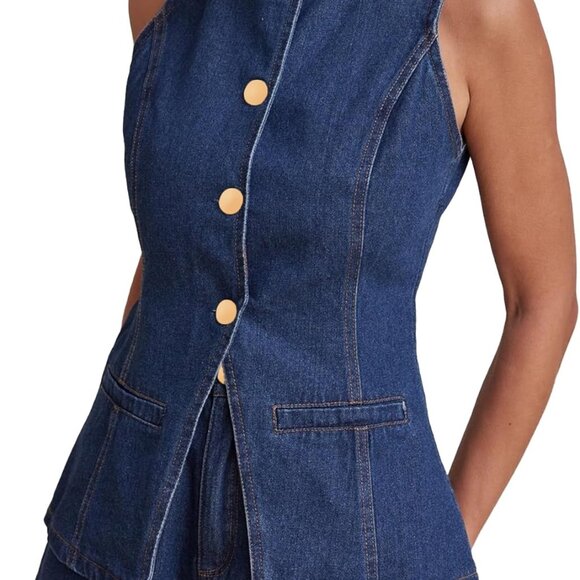 Women's Button Down Denim Vest Sleeveless Tank Tops Crew Neck Slim Fit Jean Jack - Picture 1 of 7